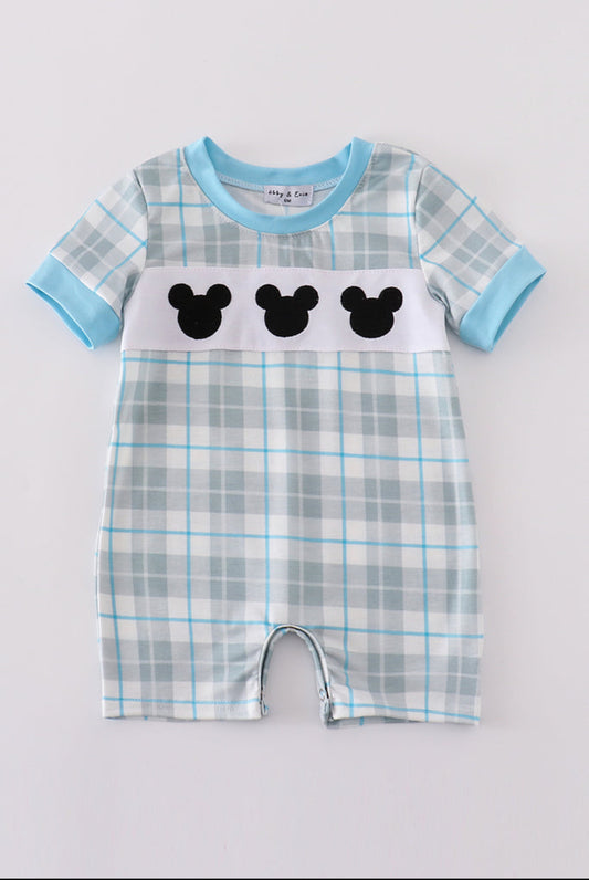 Boy’s Blue Plaid Character Embroidered Romper