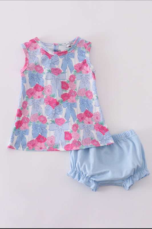 Blue Floral Bow Print Girl’s Bloomer Set