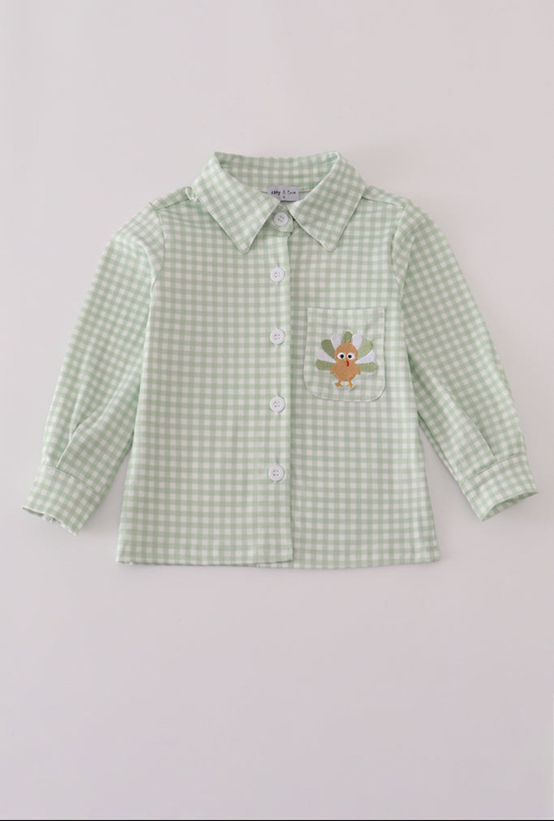 Sage Turkey Embroidery Gingham Boy’s Button Down Shirt