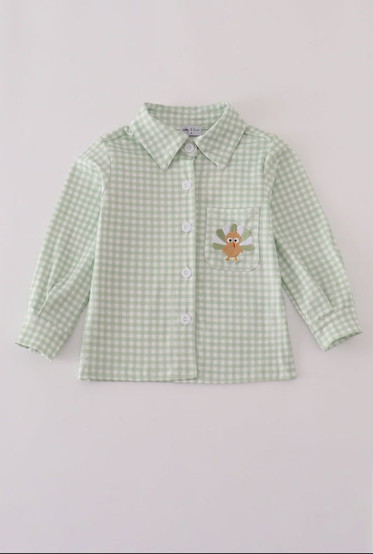 Sage Turkey Embroidery Gingham Boy’s Button Down Shirt