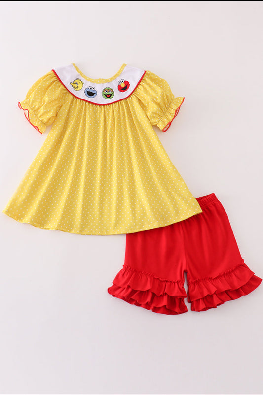 Yellow Character Embroidery Girl Short Set