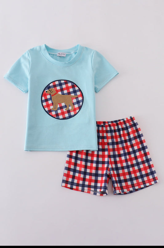 Blue Puppy Gingham Appliqué Boy’s Short Set.