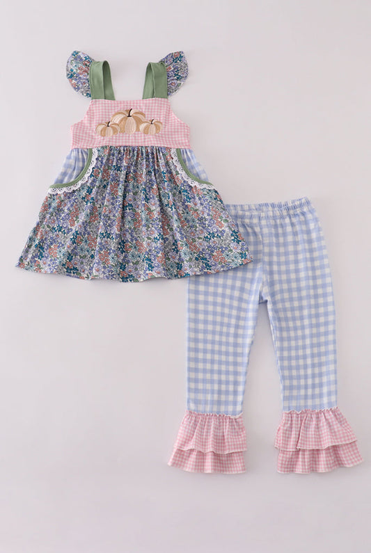 Blue Floral Pumpkin Embroidery Ruffle Girl’s Pants Set