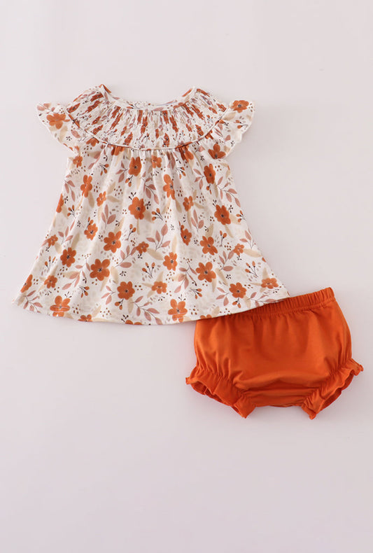 Fall Floral Print Smocked Girl’s Bloomer Set