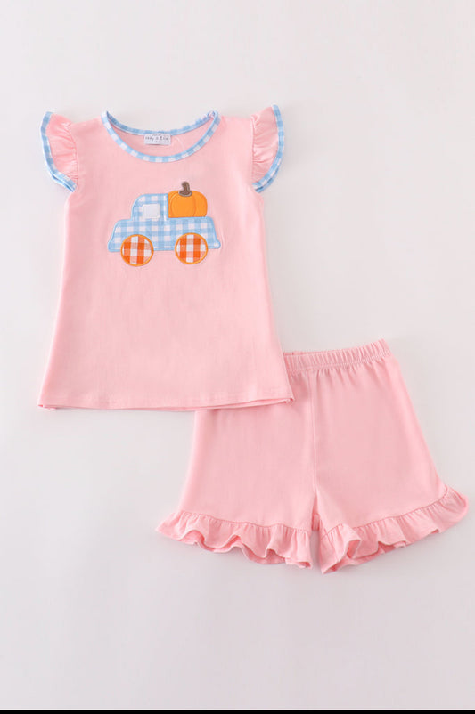 Pink Truck Pumpkin Embroidery Girl Set