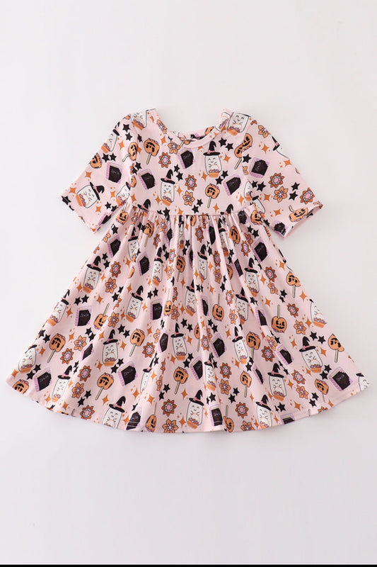 Pink Halloween Pumpkin Twirl Dress