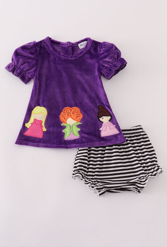 Purple Halloween Witch Appliqué Velvet Girl’s Bloomer Set