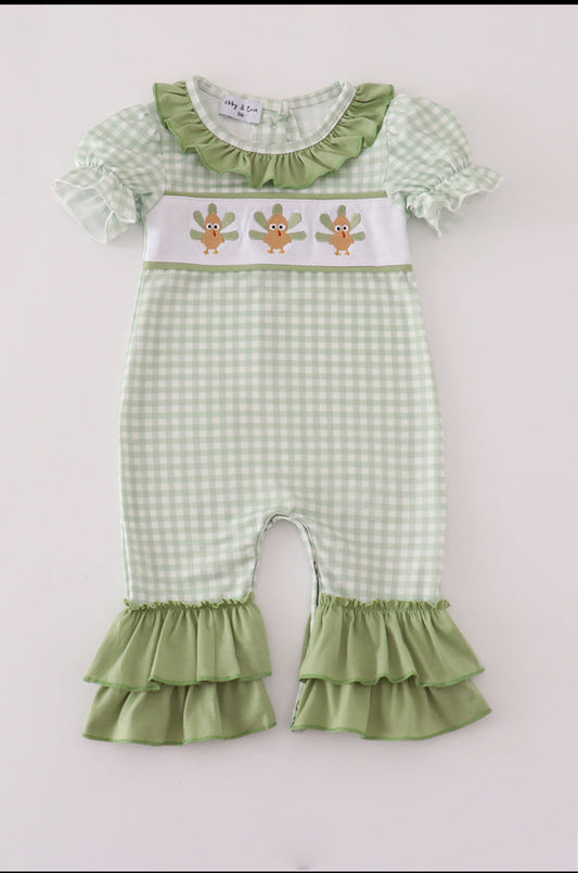 Sage Turkey Embroidery Gingham Ruffle Girl’s Romper
