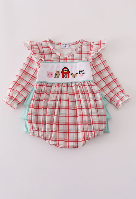Red Plaid Farm Embroidery Ruffle Girl’s Bubble