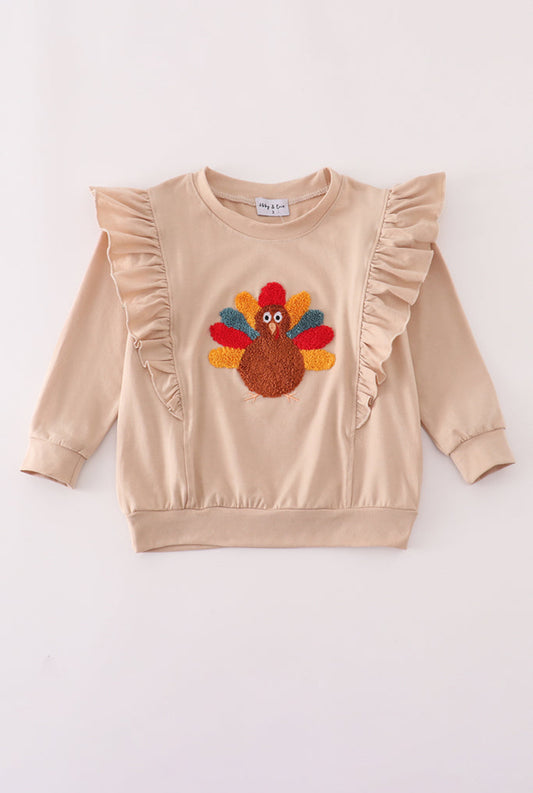 Beige Turkey French Knot Ruffle Girl’s Top
