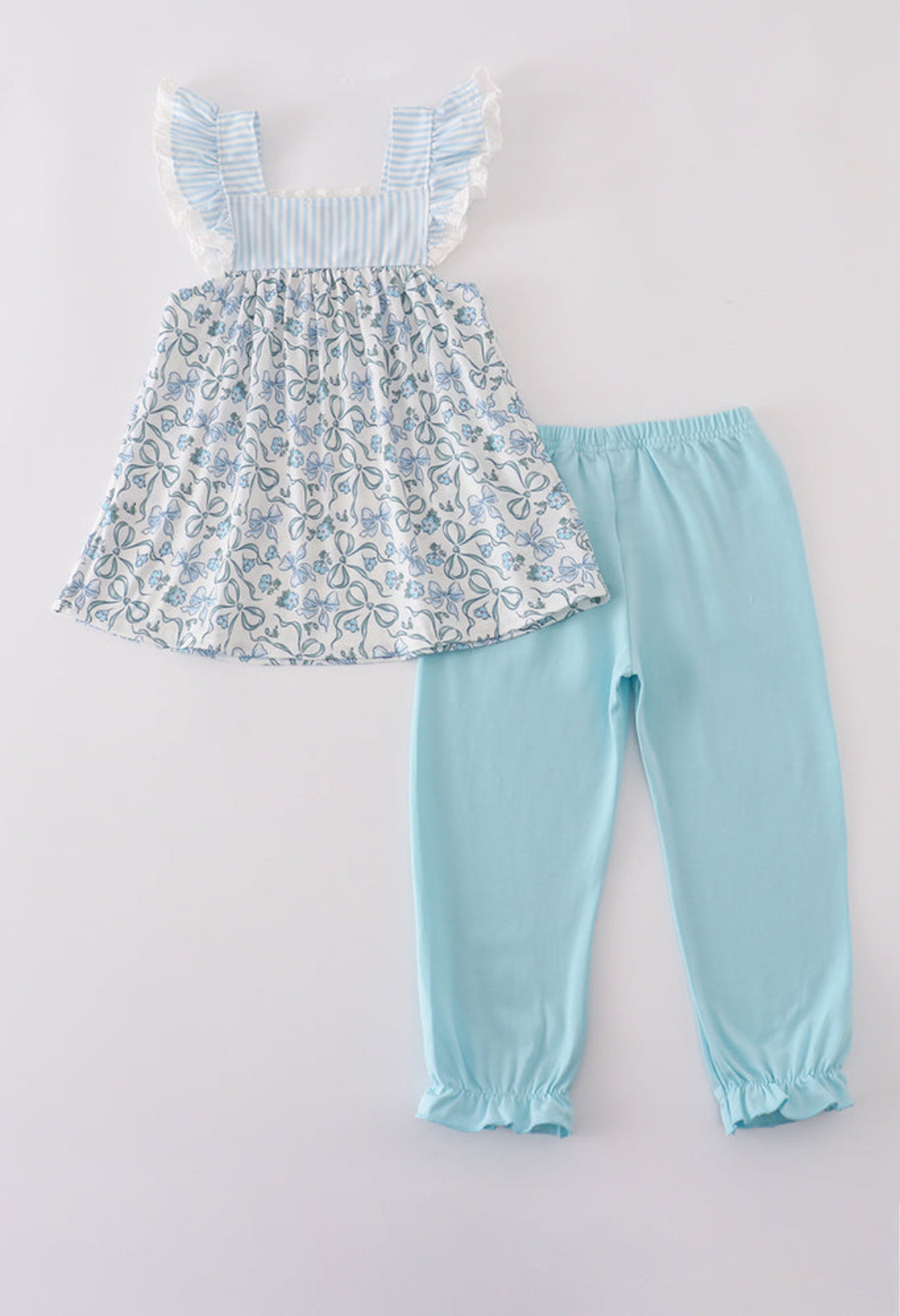 Blue Bow & Lace Print Ruffle Girl’s Pants Set