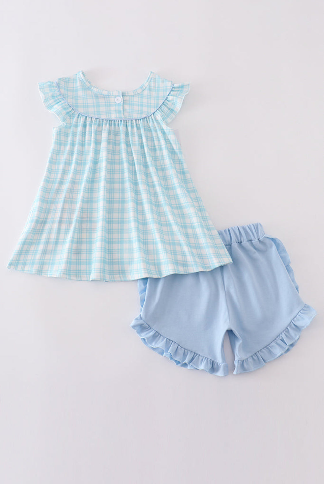 Blue Farm Appliqué Girl’s Ruffle Shorts Set