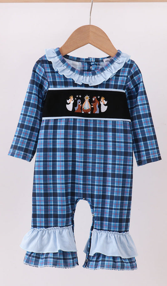 Navy Nativity Embroidery Plaid Ruffle Romper