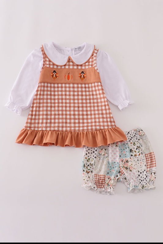 Fall Floral Print Turkey Pumpkin Embroidery Girl’s 3PC Bloomer Set