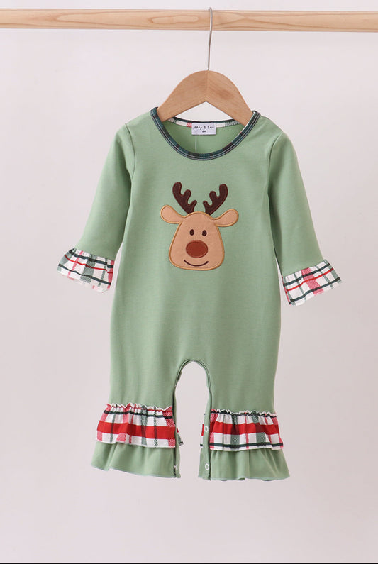 Green Christmas Reindeer Appliqué Ruffle Girl’s Romper