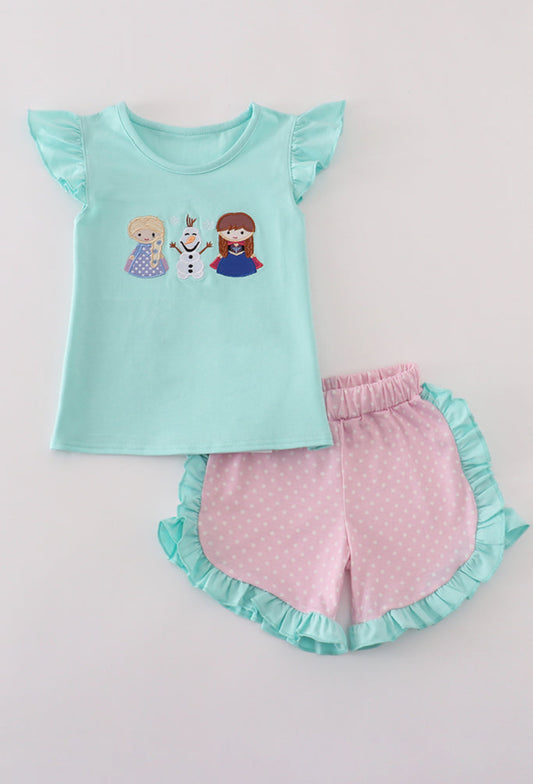 Blue Character Appliqué Girl Short Set