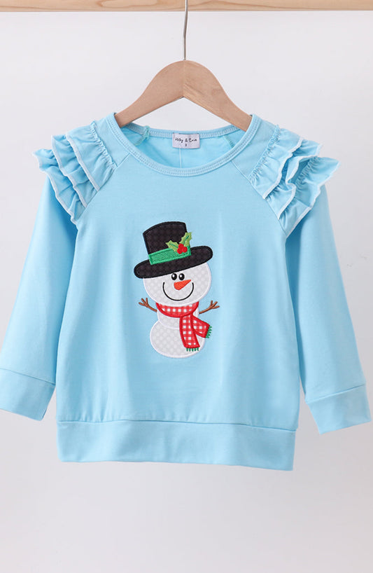 Blue Snowman Appliqué Ruffle Girl’s Top