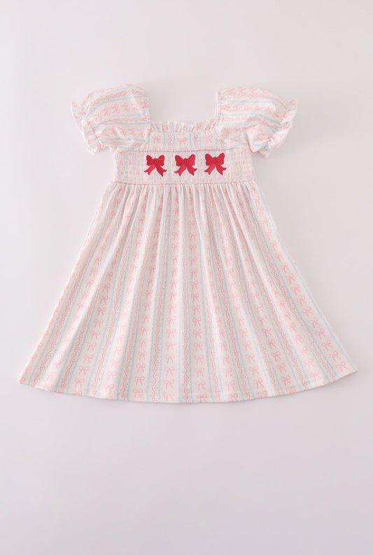 Pink Bow Embroidery Smocked Dress