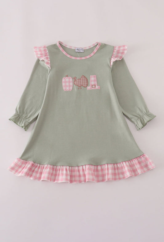 Sage Pumpkin Turkey Applique Ruffle Dress