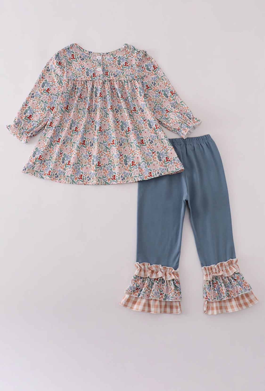 Blue Floral Print Ruffle Girl’s Pants Set