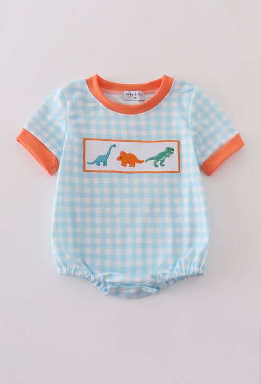 Blue Dinosaur Embroidery Gingham Boy’s Bubble