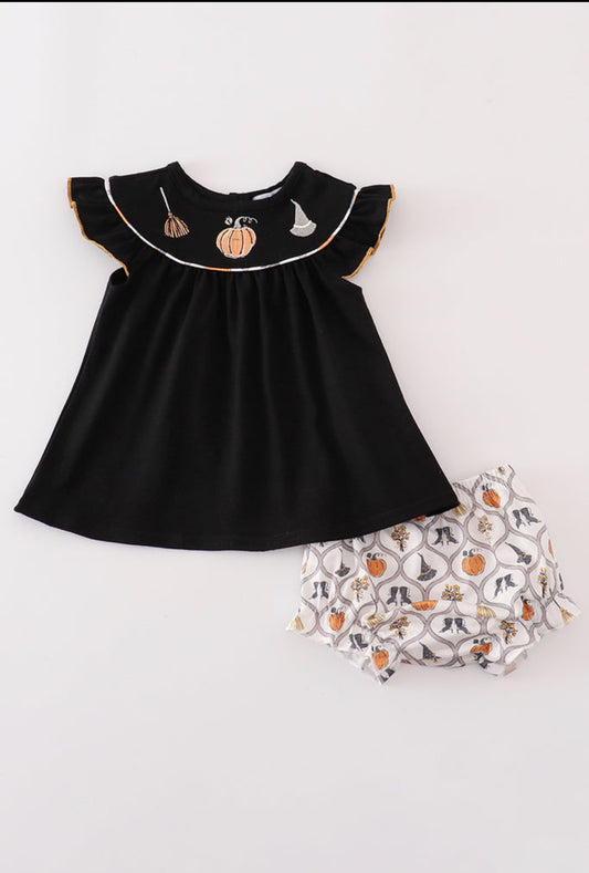Black Witch Pumpkin Embroidery Girl’s Bloomer Set
