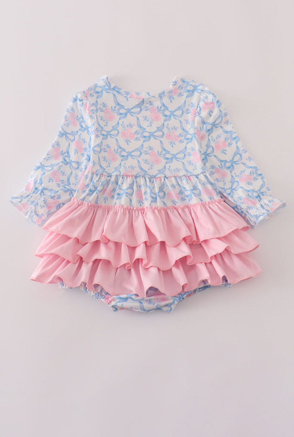 Blue Floral Bow Print Girl’s Ruffle Bubble