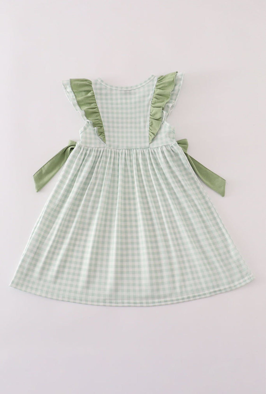 Green Farm Cow Embroidery Gingham Ruffled Girl’s Dress