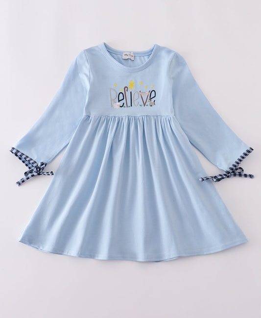Blue BELIEVE Embroidery Dress