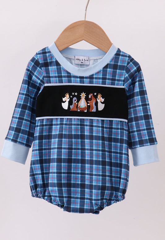 Navy Nativity Embroidery Plaid Boy’s Bubble