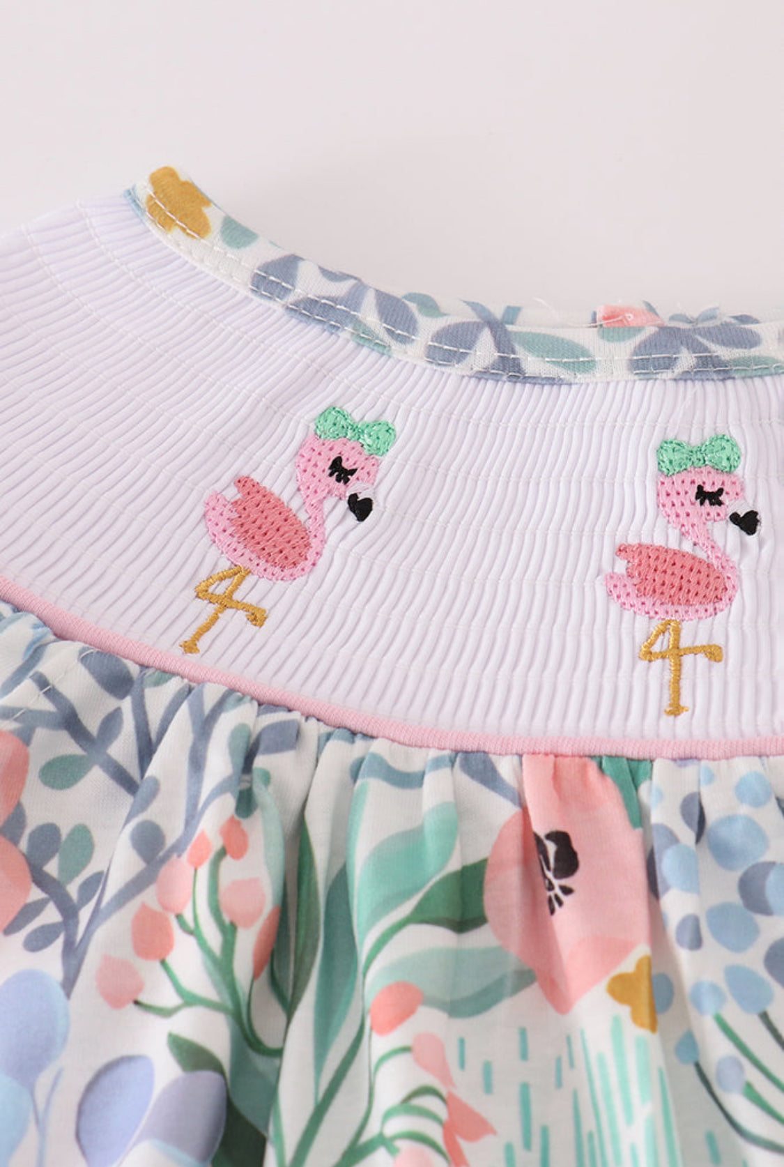Floral Flamingo Embroidery Smocked Girl’s Dress