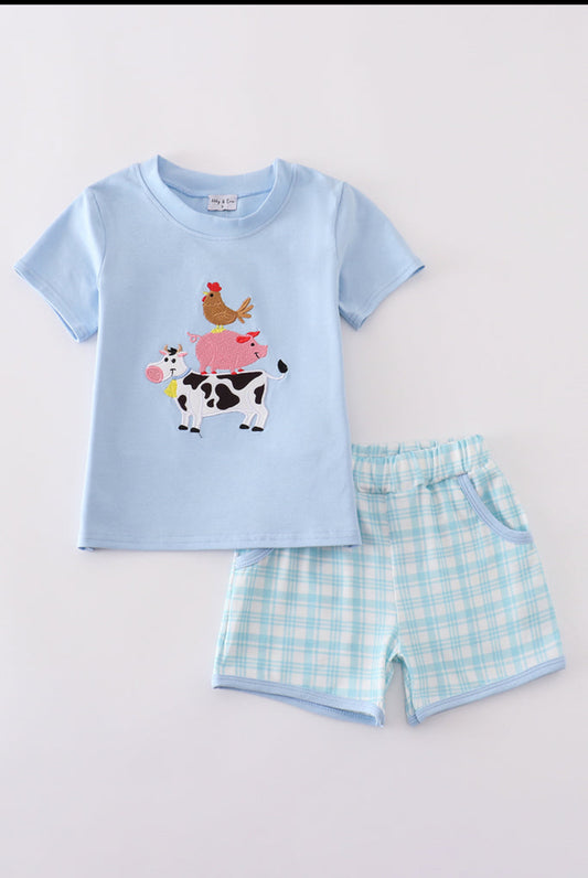 Blue Farm Appliqué Boy’s Shorts Set