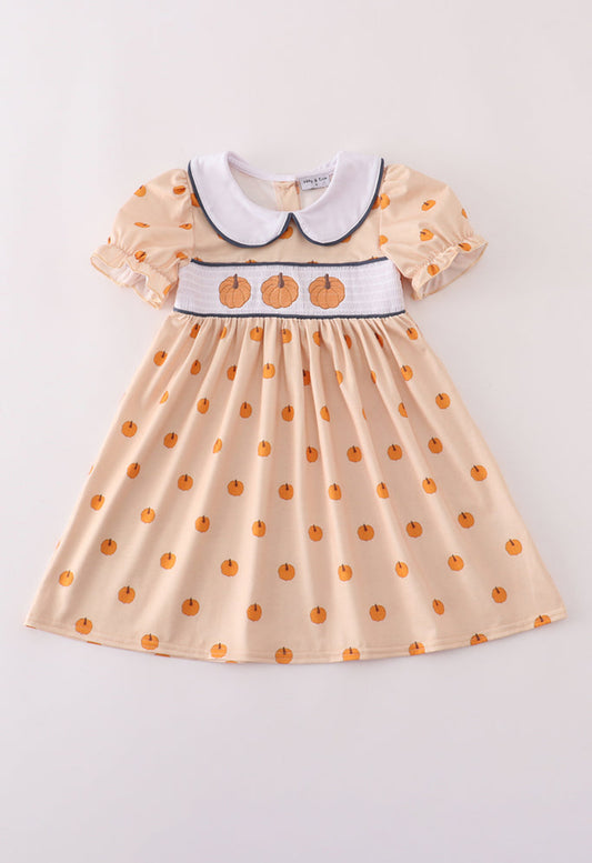 Khaki Embroidery Smocked Dress