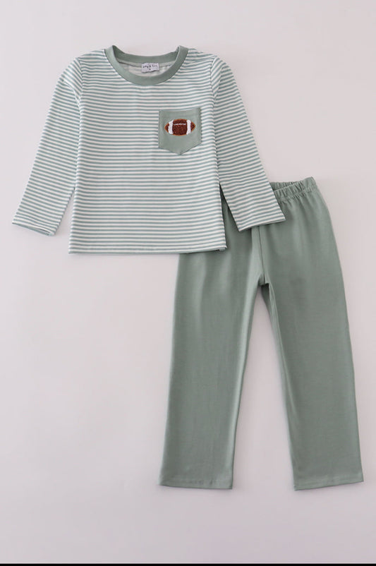 Sage Stripe Football French Knot Boy’s Pants Set