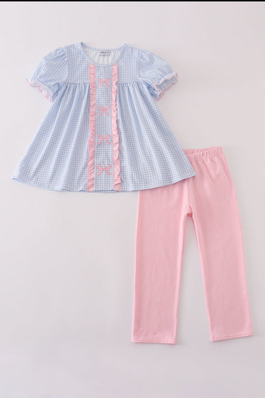 Blue Bow Embroidery Gingham Ruffle Girl’s Pants Set
