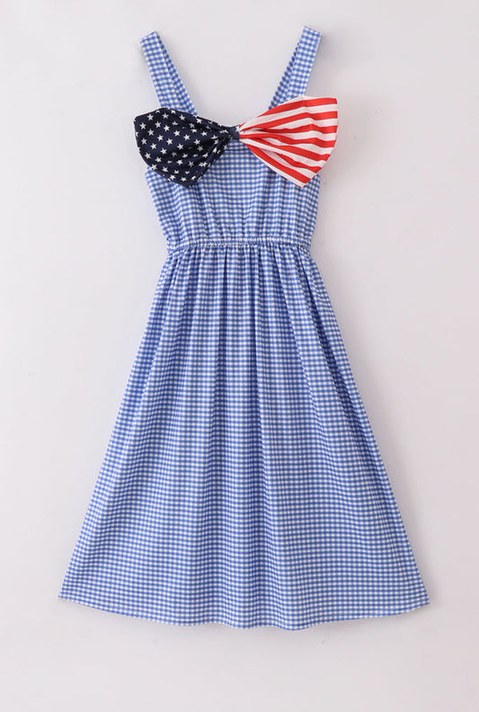 Blue Flag Bow Gingham Mom Dress