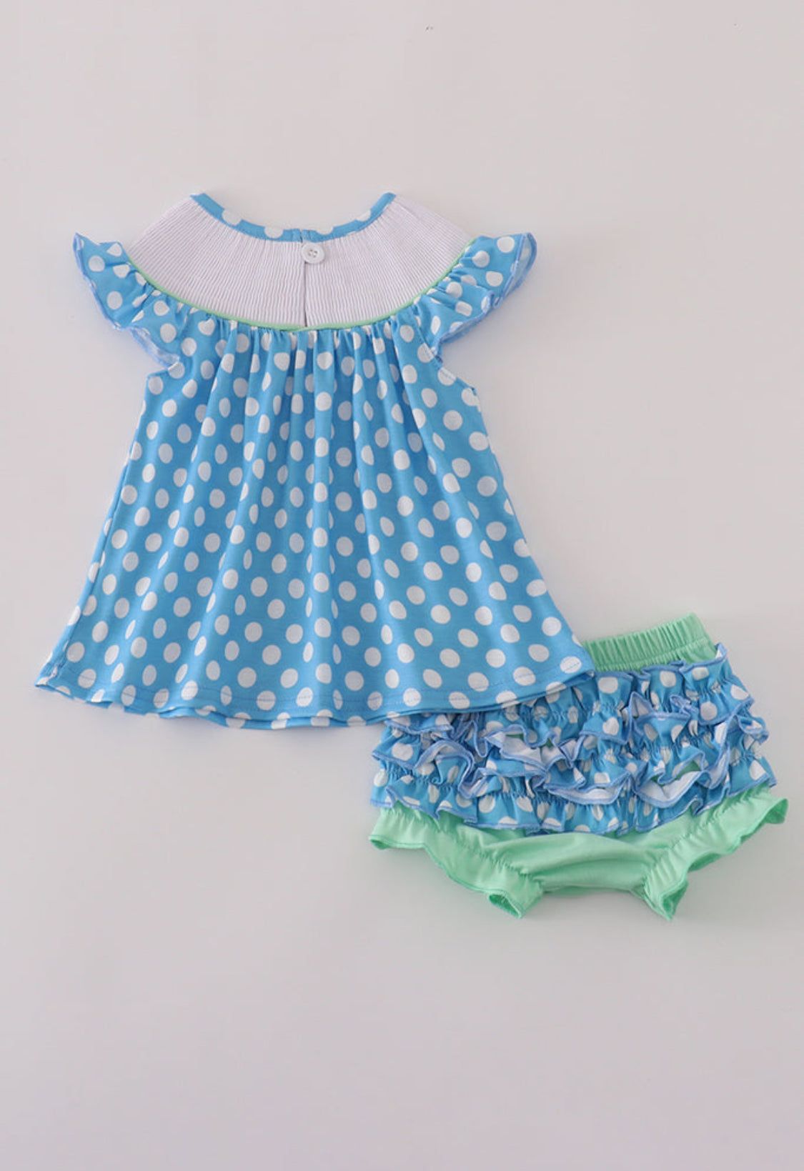 Blue Dot Character Embroidery Smocked Girl Bloomer Set