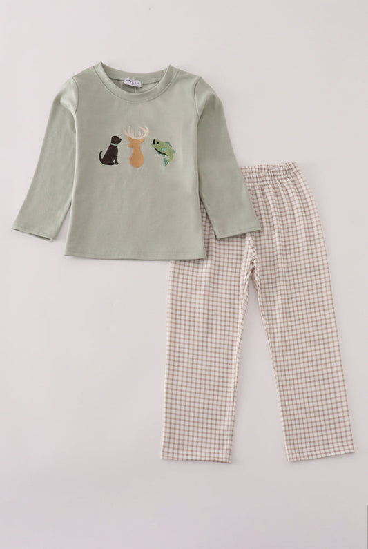 Blue Dog Deer Embroidery Boy Pants Set