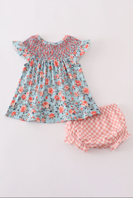 Blue Floral Smocked Bloomer Set