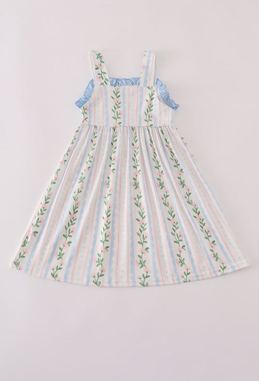 Blue Floral Print Ruffle Girl’s Dress