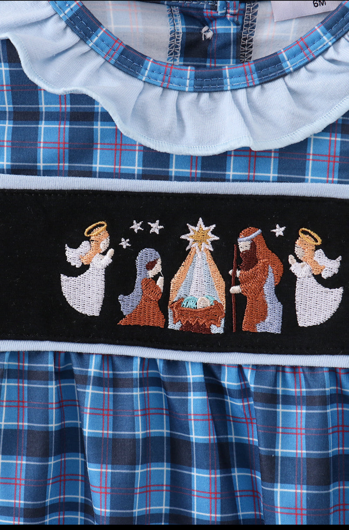 Navy Nativity Embroidery Plaid Ruffle Girl’s Bubble