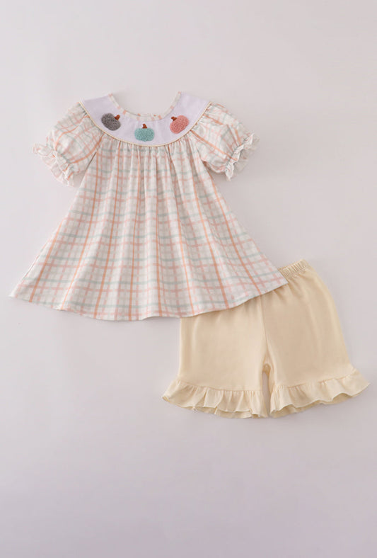 Neutral plaid French Knot Girl’s Ruffle Shorts Set