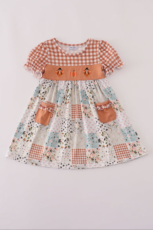 Fall Floral Print Turkey Pumpkin Embroidery Dress
