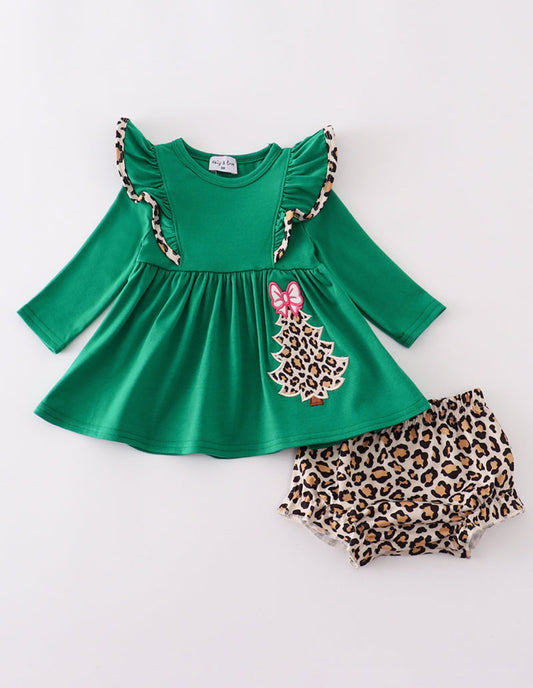 Forest Tree Appliqué Leopard Ruffle Girl’s Bloomer Set