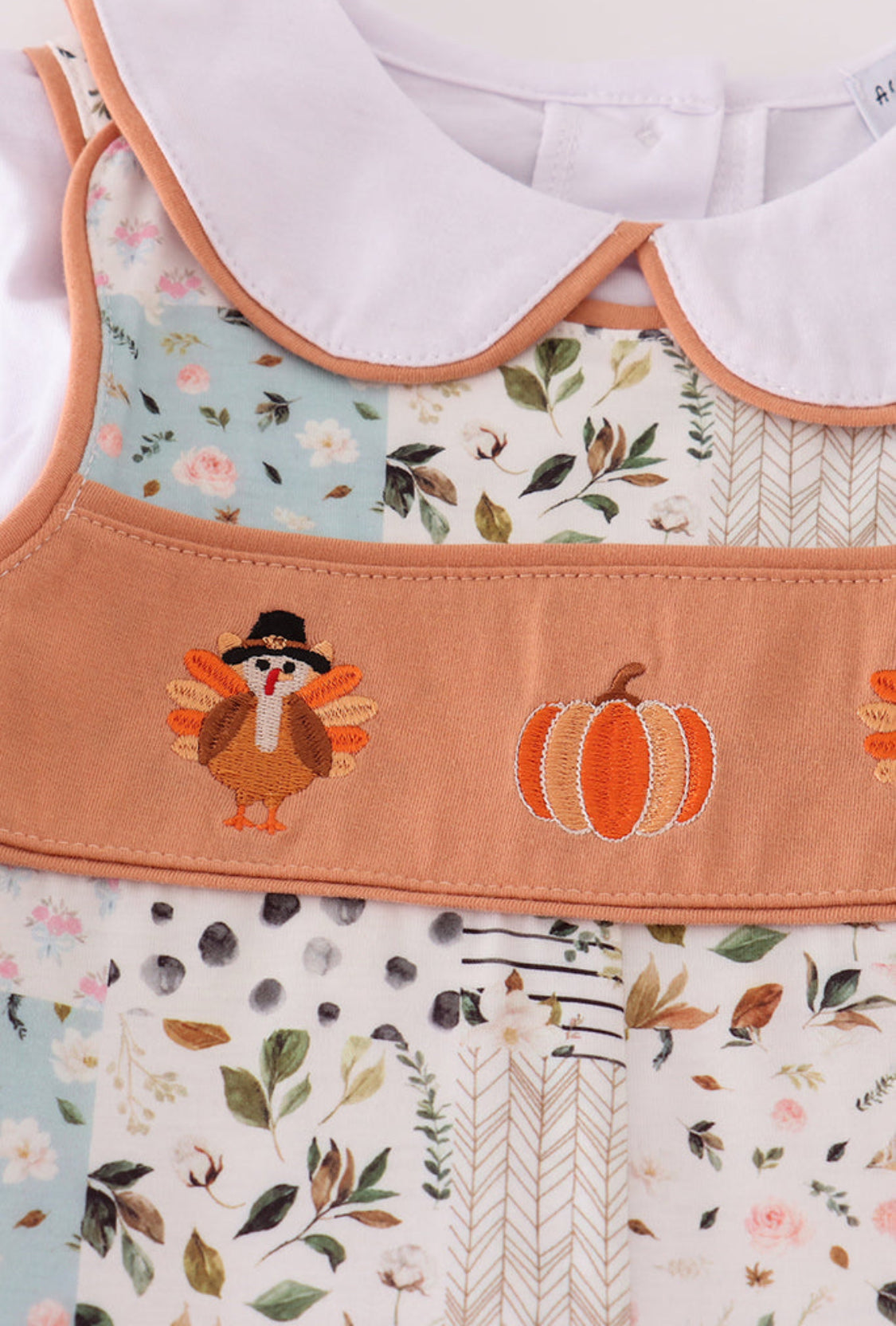 Fall Floral Print Turkey  Pumpkin Embroidery Girl’s 2pc Jumpsuit