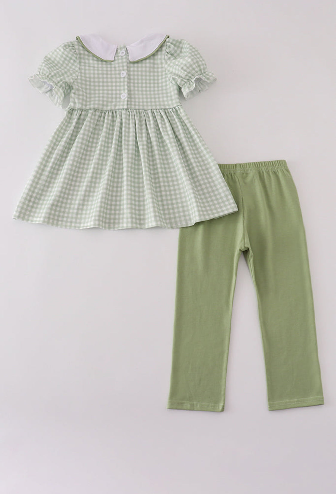 Sage Turkey Embroidery Gingham Girl’s Pants Set