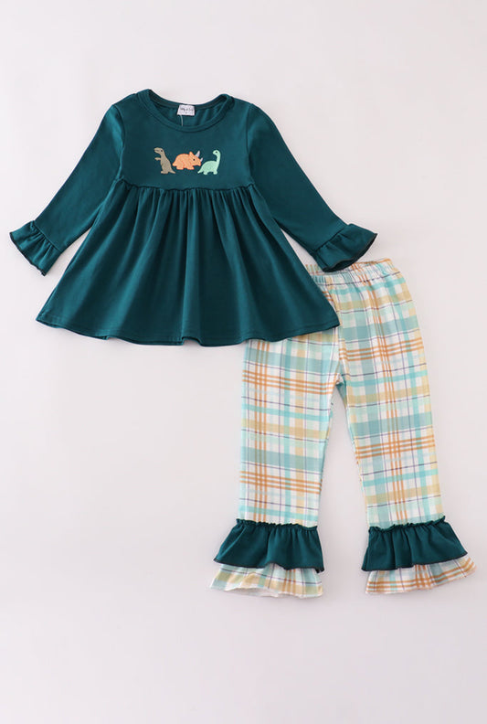 Blue Dinosaur Embroidery Plaid Ruffle Girl’s Pants Set