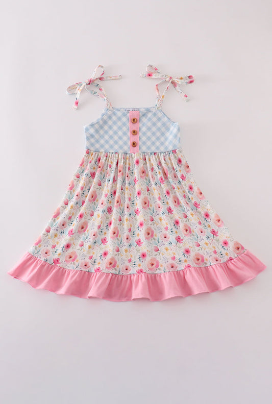 Pink Floral Print Strap Girl Dress