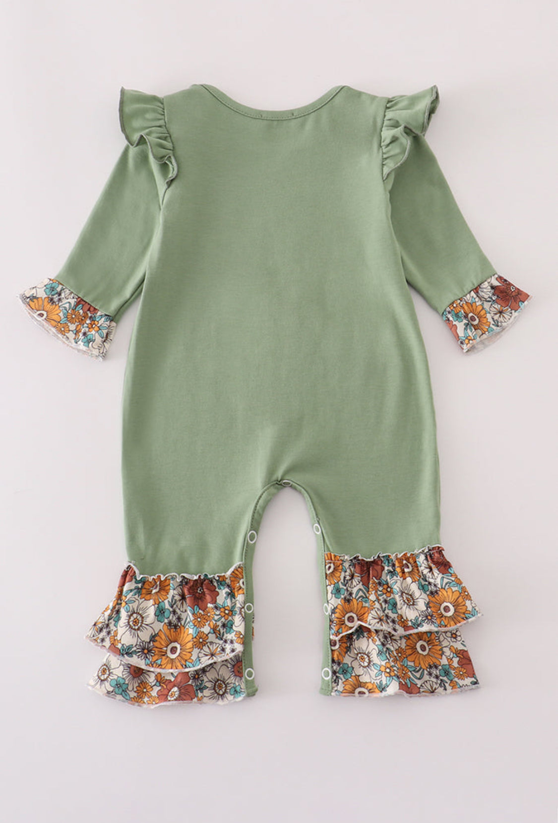 Green Cow Appliqué Floral Print Ruffle Girl’s Romper