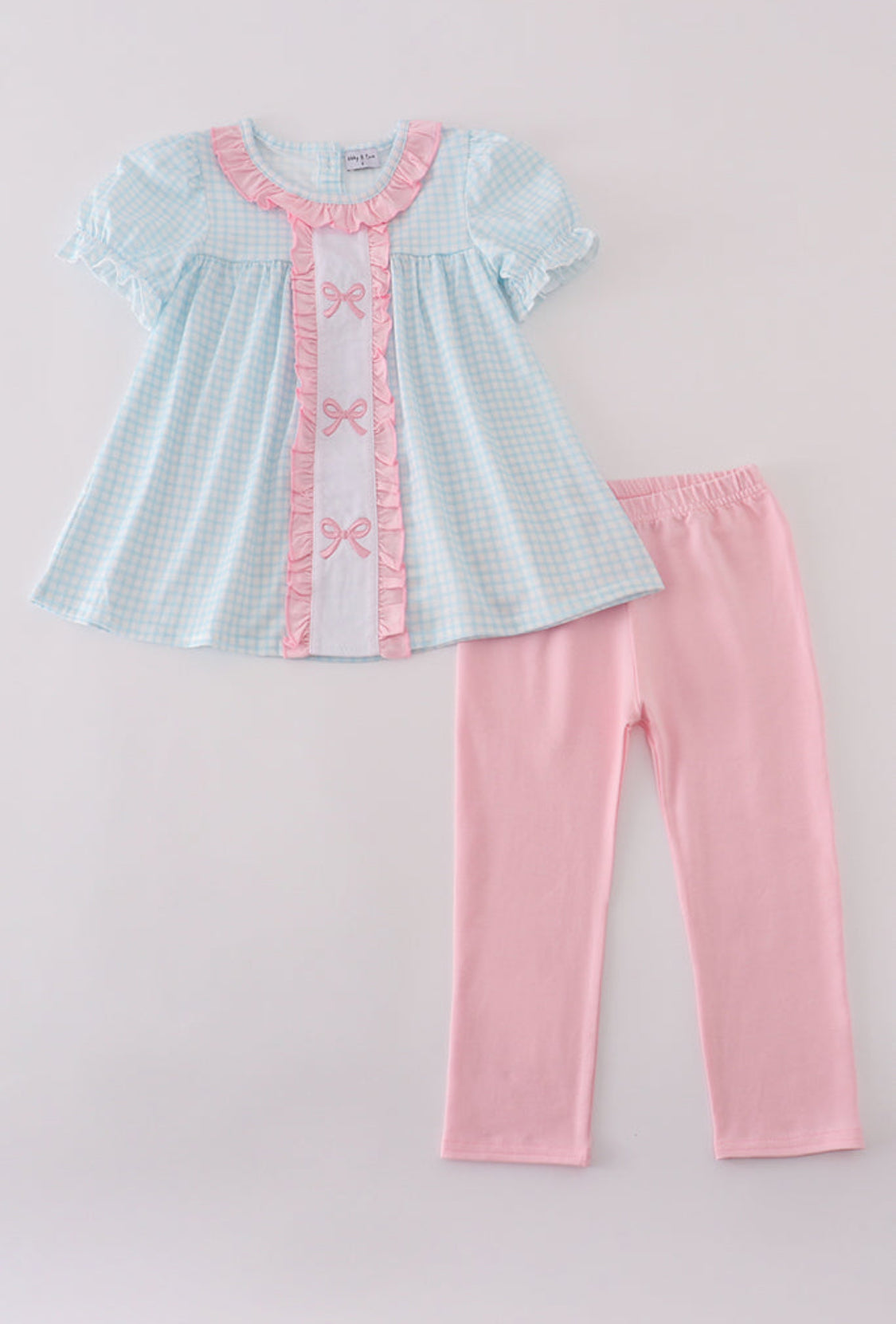Blue Bow Embroidery Gingham Ruffle Girl’s Pants Set